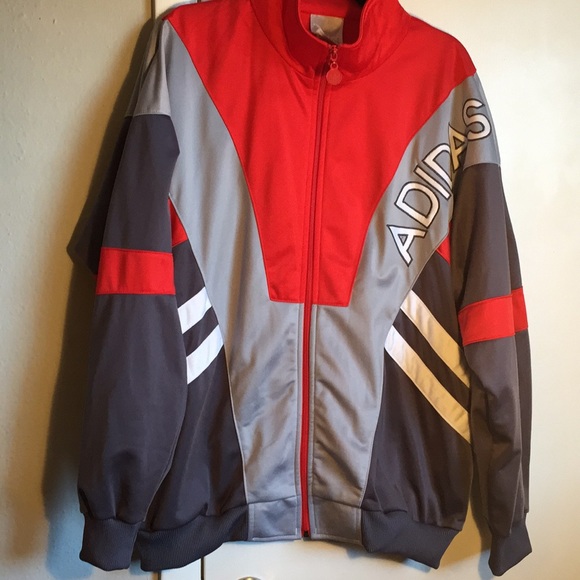 adidas red jacket white stripes